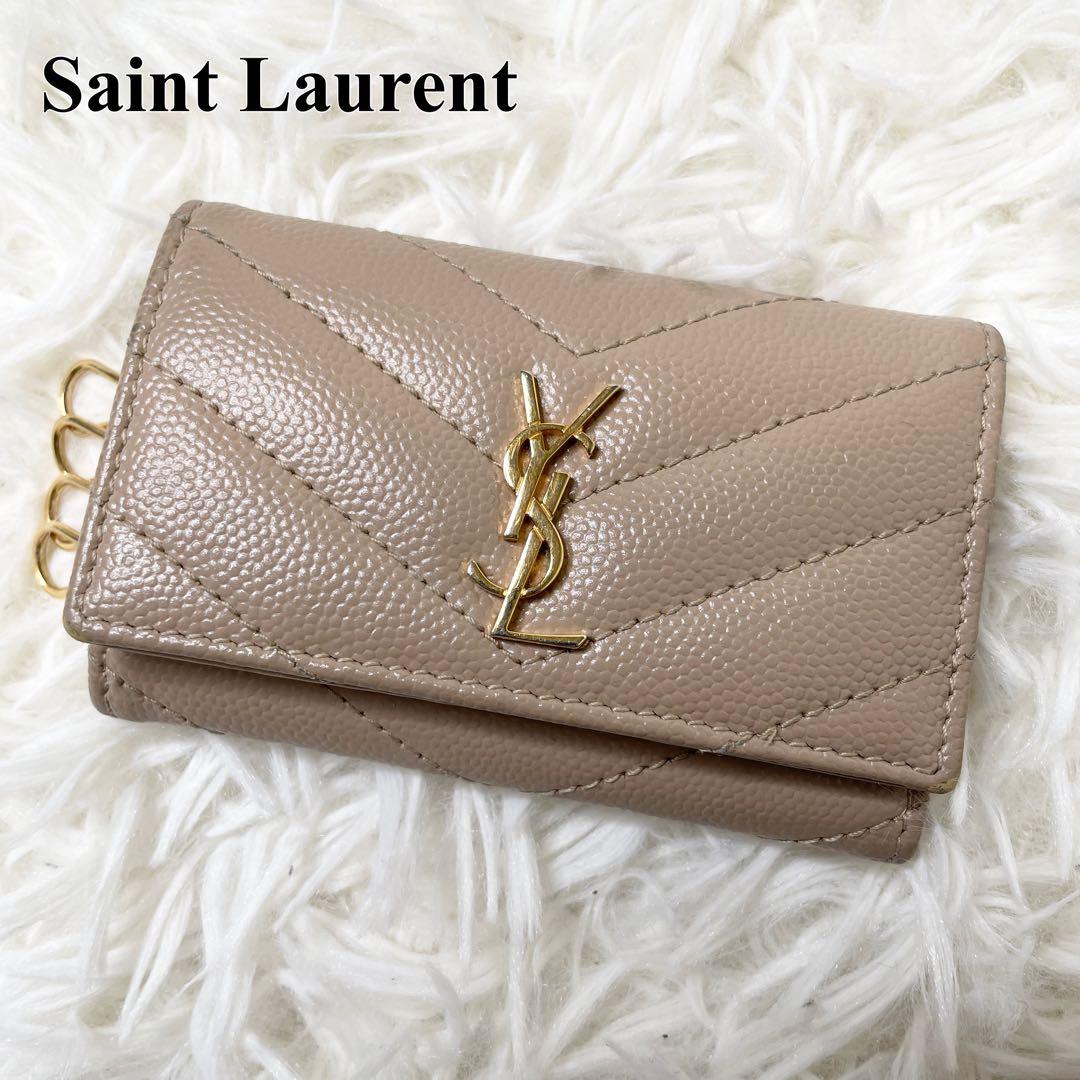 【大人気】サンローランパリ キーケース カサンドラ キャビアスキン ベージュ