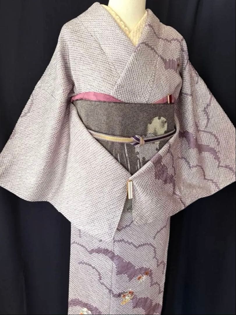 【訪問着】身丈お直し料金・補正着　疋田本鹿子総絞り 花柄日本刺繍　気品ある薄紫