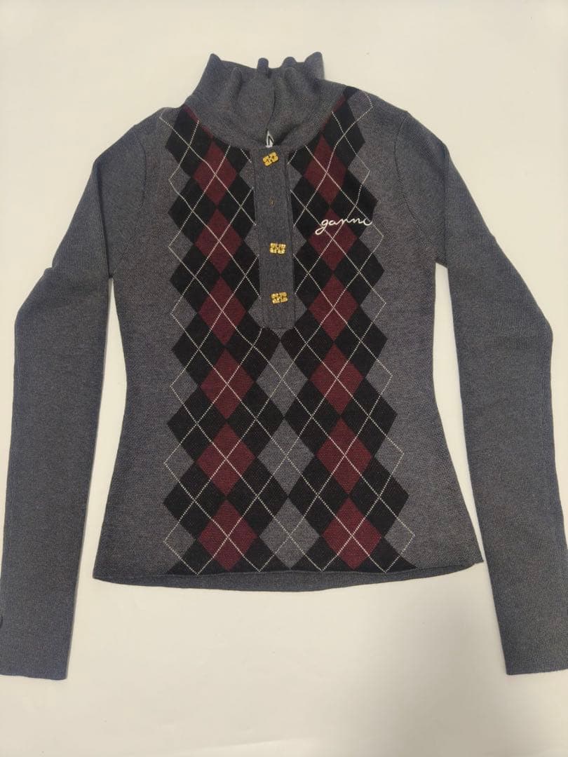 GANNI アーガイル柄 長袖ポロシャツ