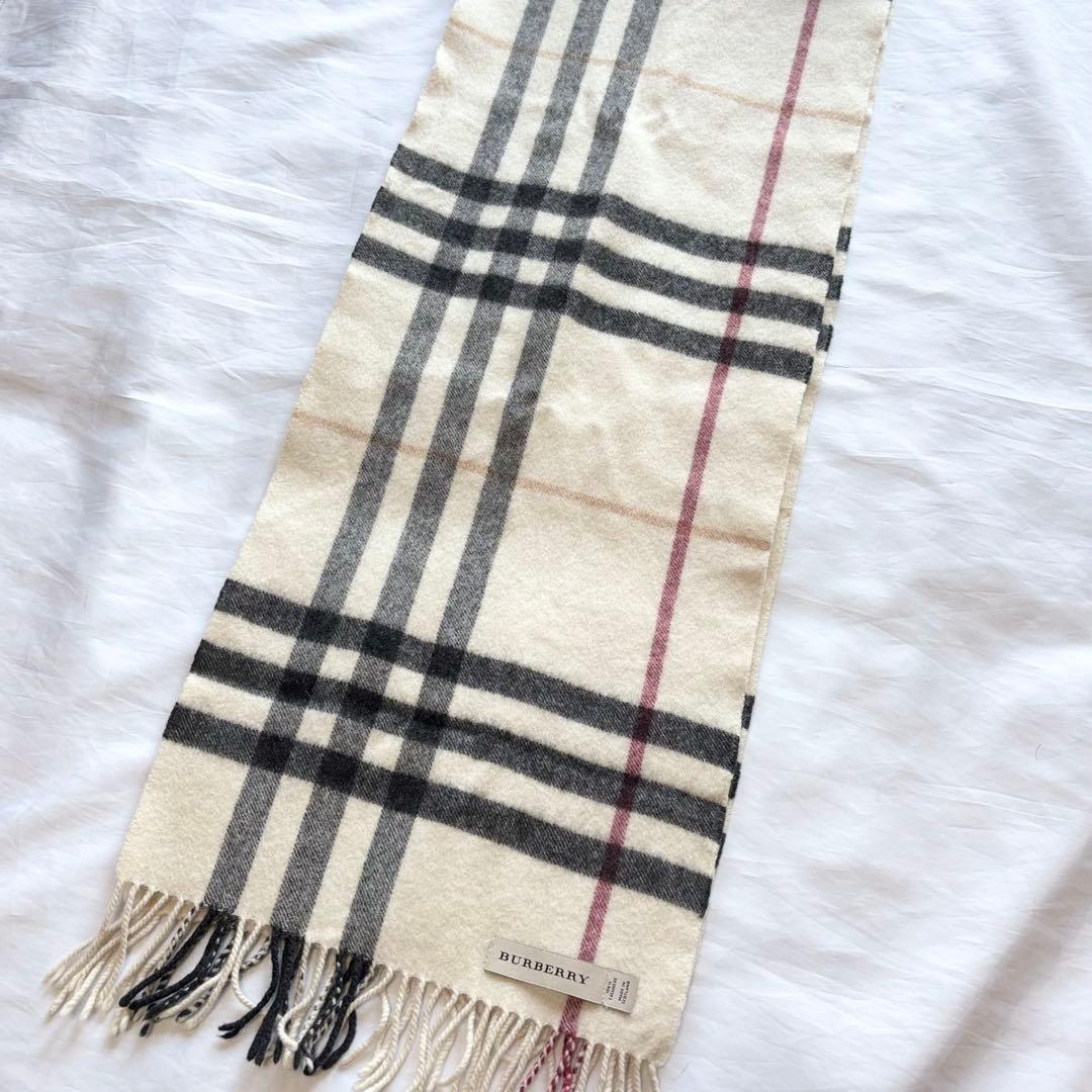 【人気】　バーバリー　カシミヤ100％　マフラー　メガチェック　英製　アイボリー