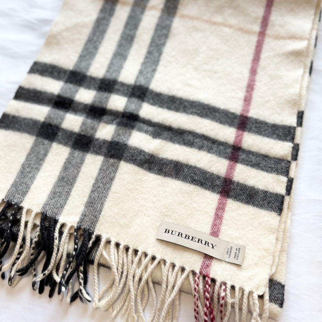 【人気】　バーバリー　カシミヤ100％　マフラー　メガチェック　英製　アイボリー
