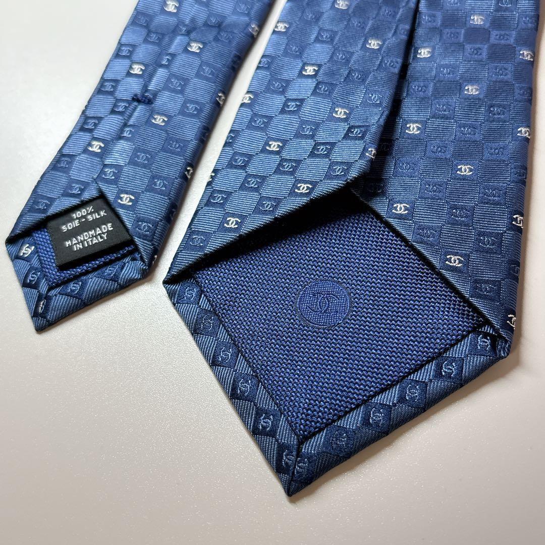 未使用 シャネル ネクタイ ココマーク総柄 箱 ショッパー付き ネイビー