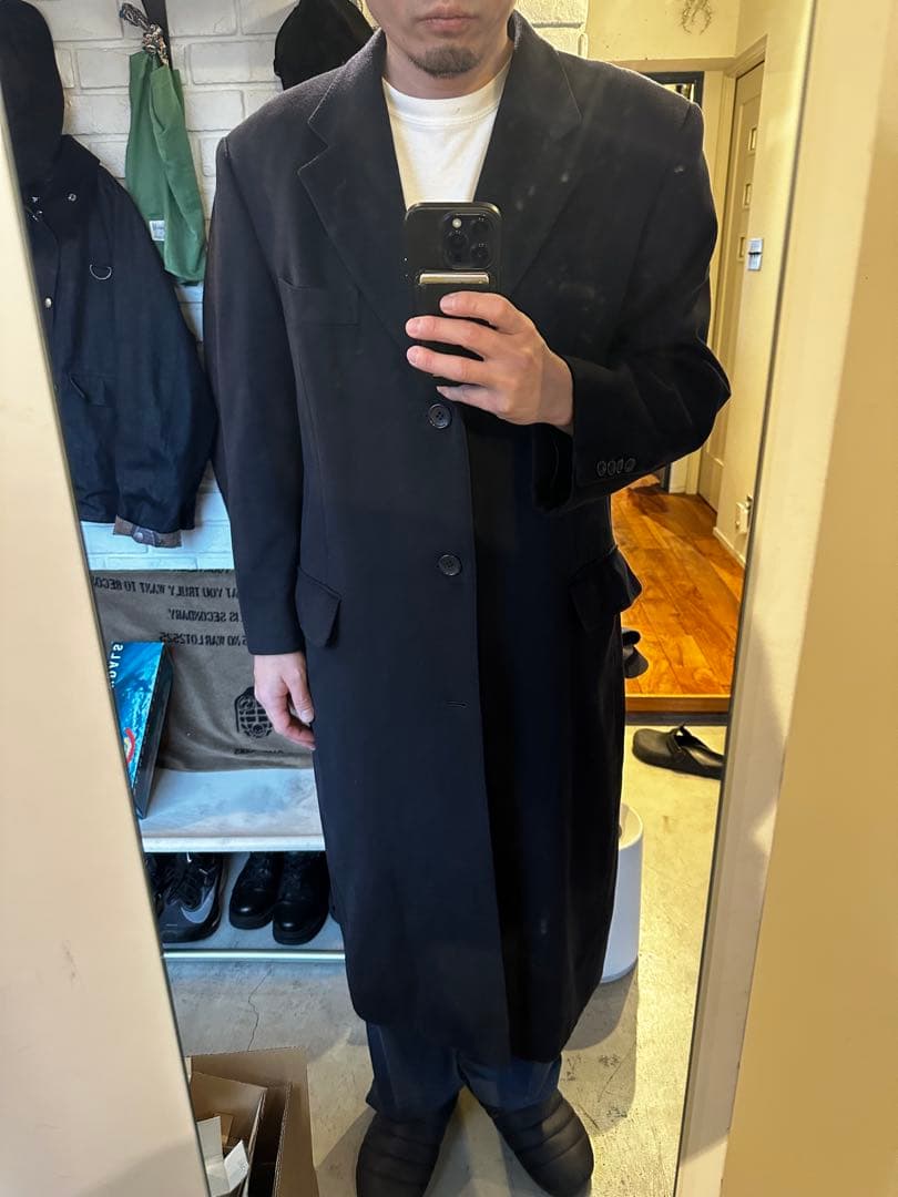 【※着画有 カシミヤ100】ブラックチェスターコート〈Lサイズ相当〉