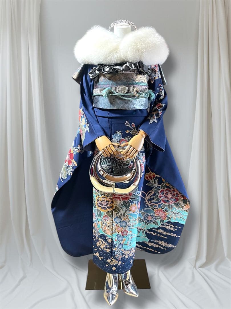 本日限定価格！紅型 ブルー ファー付き 振袖 フルセット 成人式
