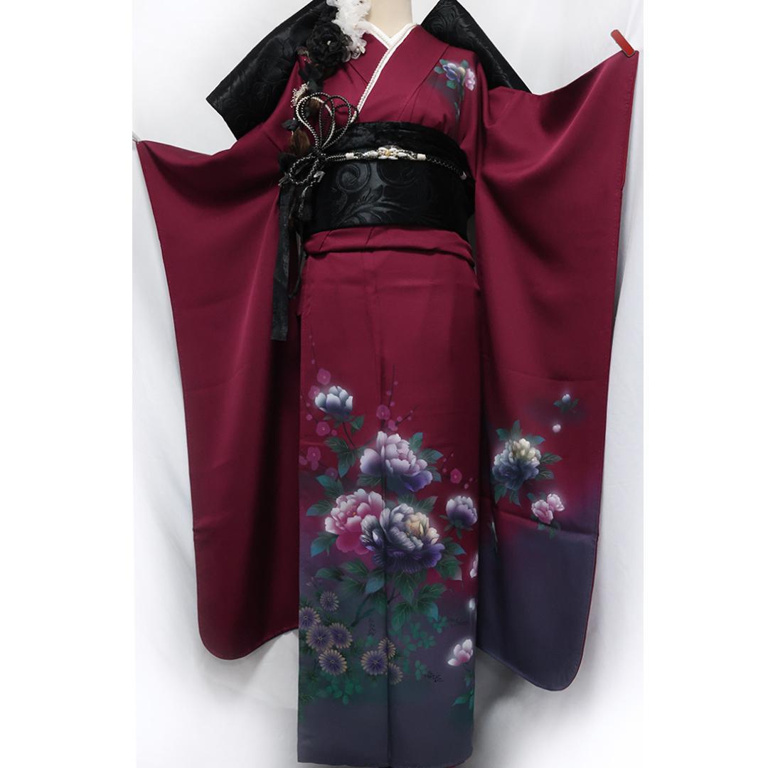 艶を極めた希少色◆ 振袖セット ◆ワインレッドエンジ色フルセットie37