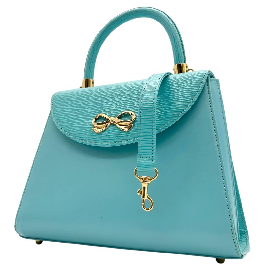 美品&入手困難　ハナエモリ　ショルダーバッグ　2way　レザー　ブルー　リボン