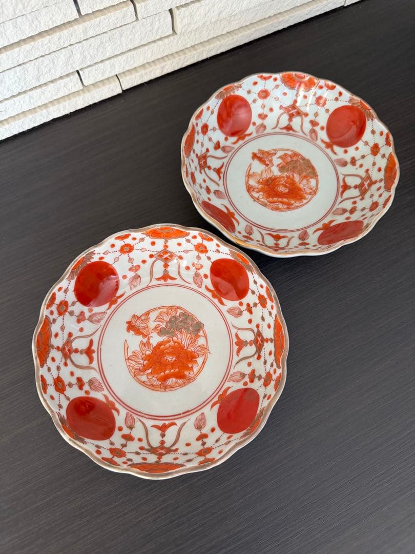 甲斐マロン 古伊万里 赤玉瓔珞紋 膾皿 二客他