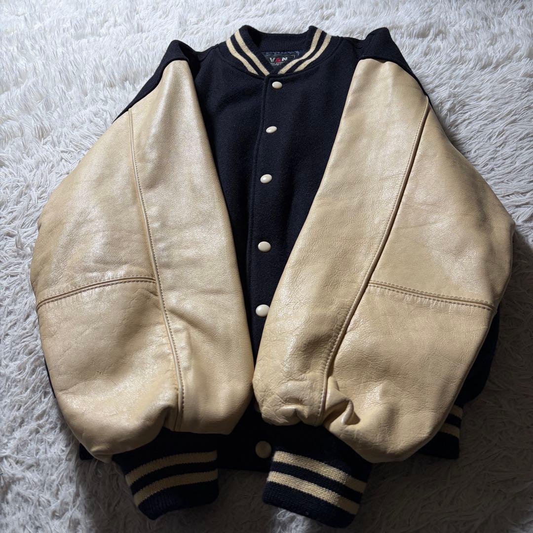 美品/LL■VAN JACKET スタジャン　袖レザー　アーチロゴ　ネイビー