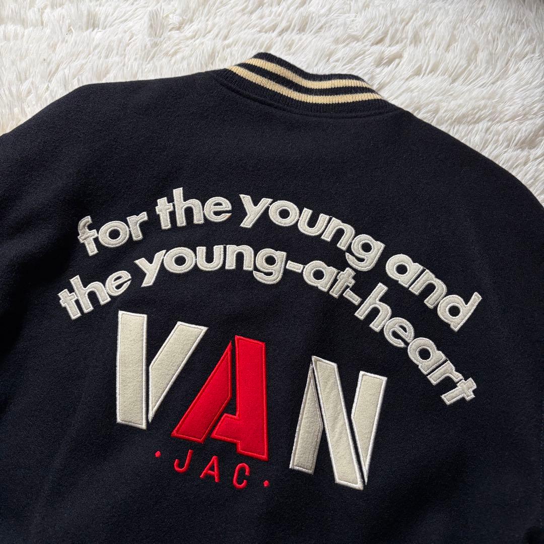 美品/LL■VAN JACKET スタジャン　袖レザー　アーチロゴ　ネイビー