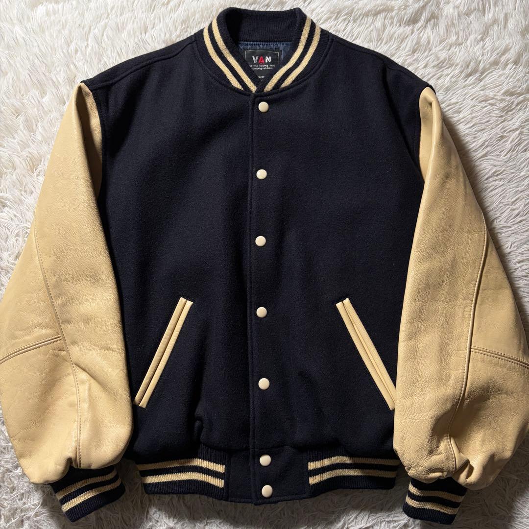 美品/LL■VAN JACKET スタジャン　袖レザー　アーチロゴ　ネイビー