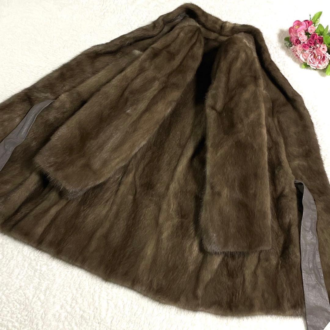 美品◎デミバフミンク ファーコート ベルト付き ポケット ブラウン系 MINK