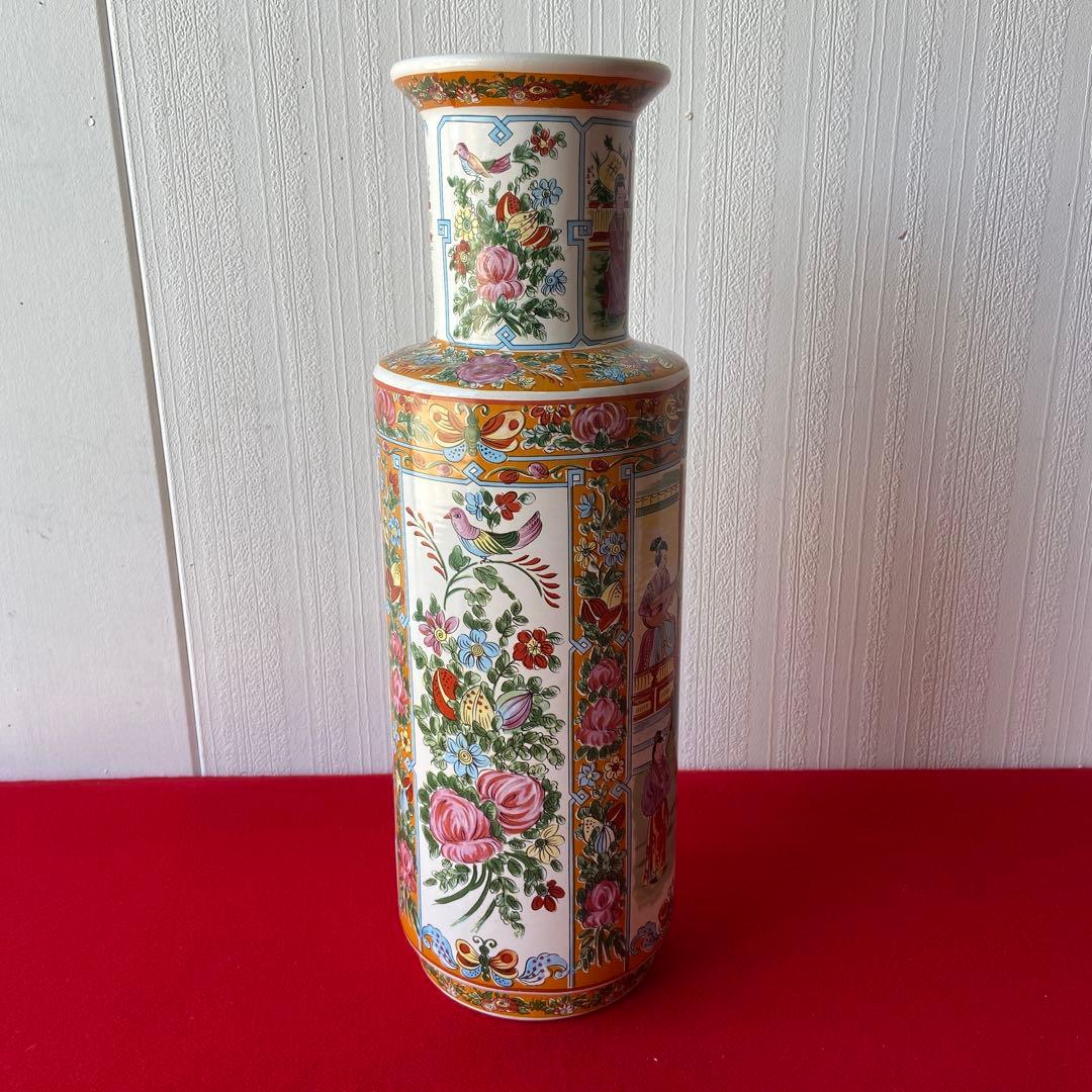 中国 アンティーク 花瓶 色絵 花鳥 人物文様 大型花器 飾り壺　e1357-G