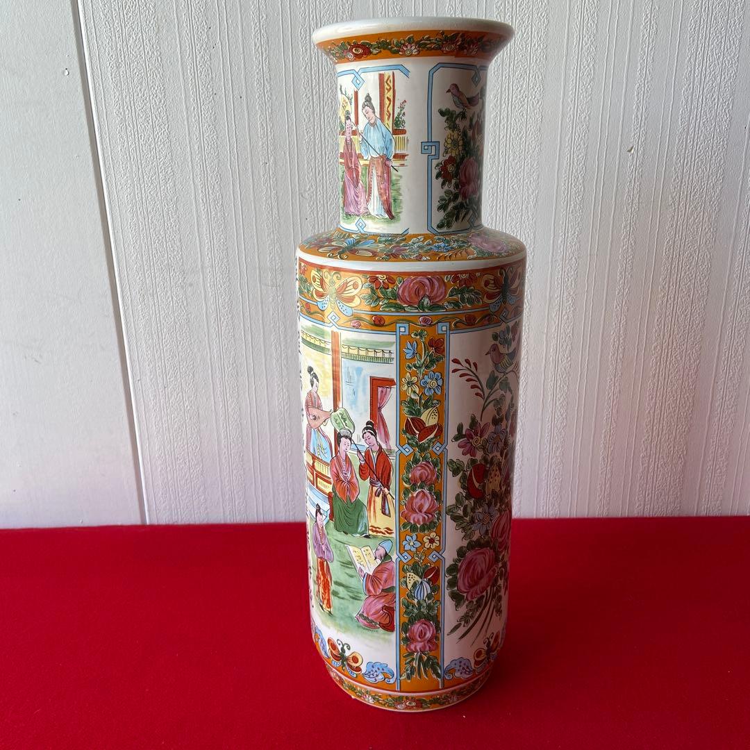 中国 アンティーク 花瓶 色絵 花鳥 人物文様 大型花器 飾り壺　e1357-G