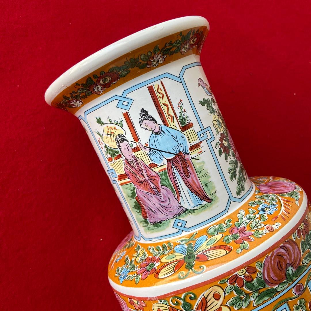 中国 アンティーク 花瓶 色絵 花鳥 人物文様 大型花器 飾り壺　e1357-G