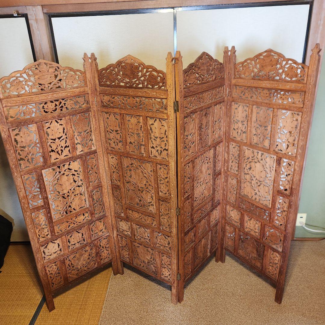 パーティション　木製　アジアン　手彫り　彫刻　アンティーク　衝立　目隠し
