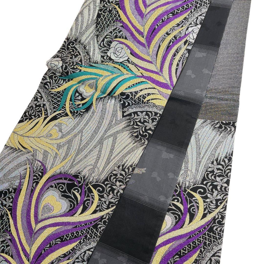 未着用　振袖帯　袋帯　孔雀の羽　薔薇　格子　波　着物　034a d