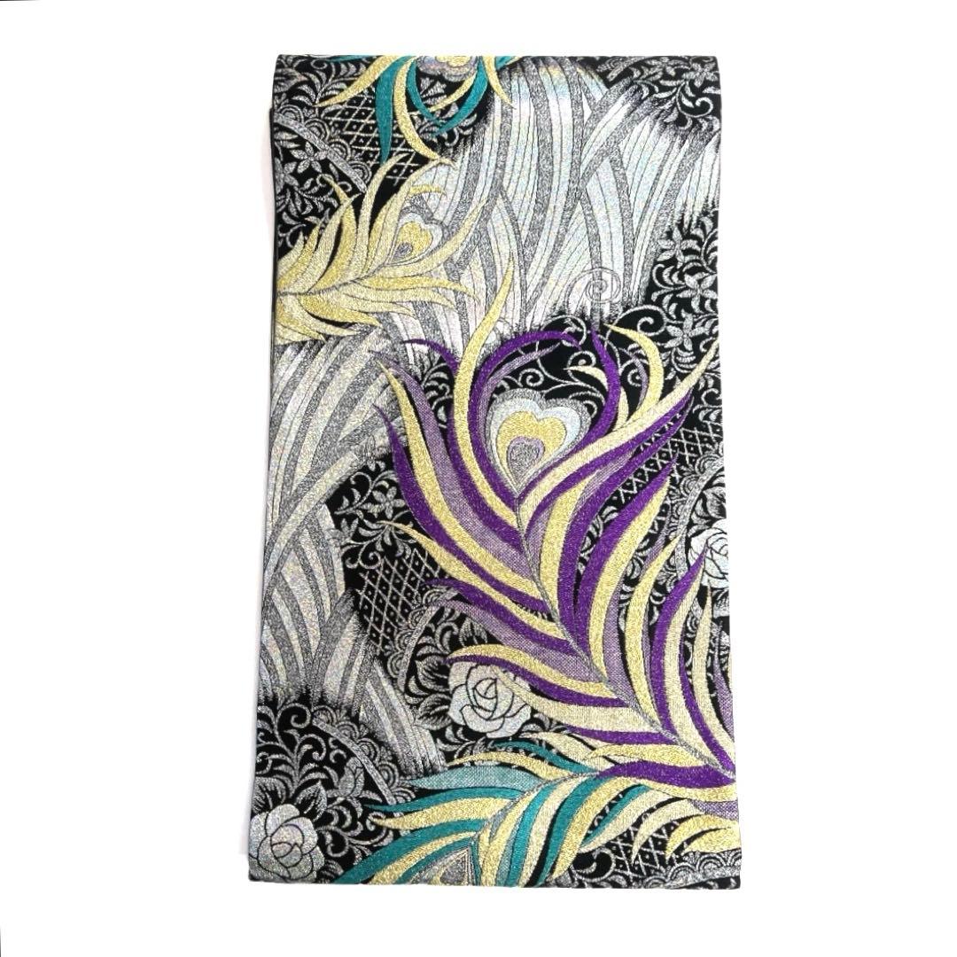 未着用　振袖帯　袋帯　孔雀の羽　薔薇　格子　波　着物　034a d