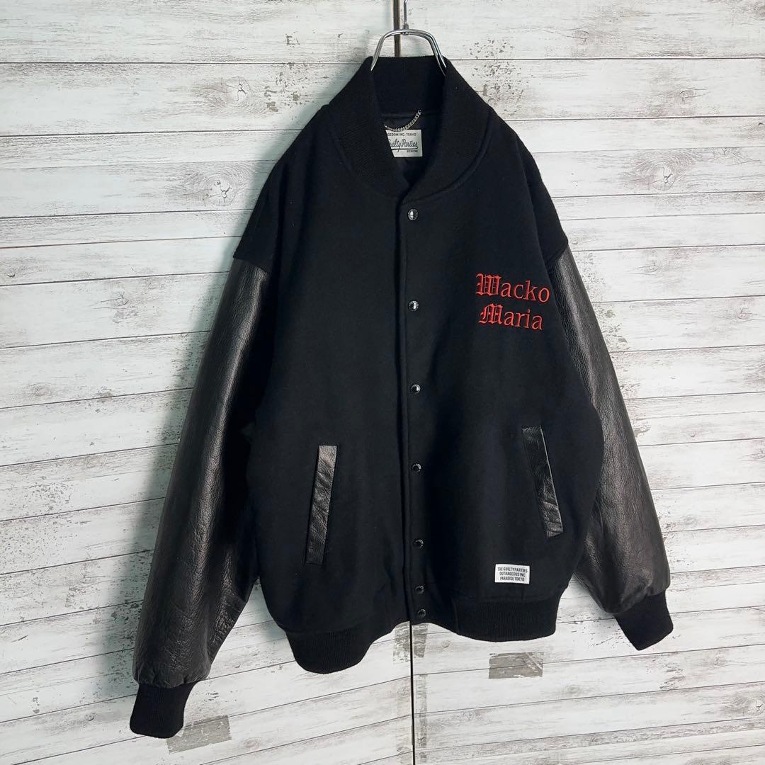 11912【美品・完売モデル】ワコマリア　刺繍ロゴスタジャン　袖レザー　黒