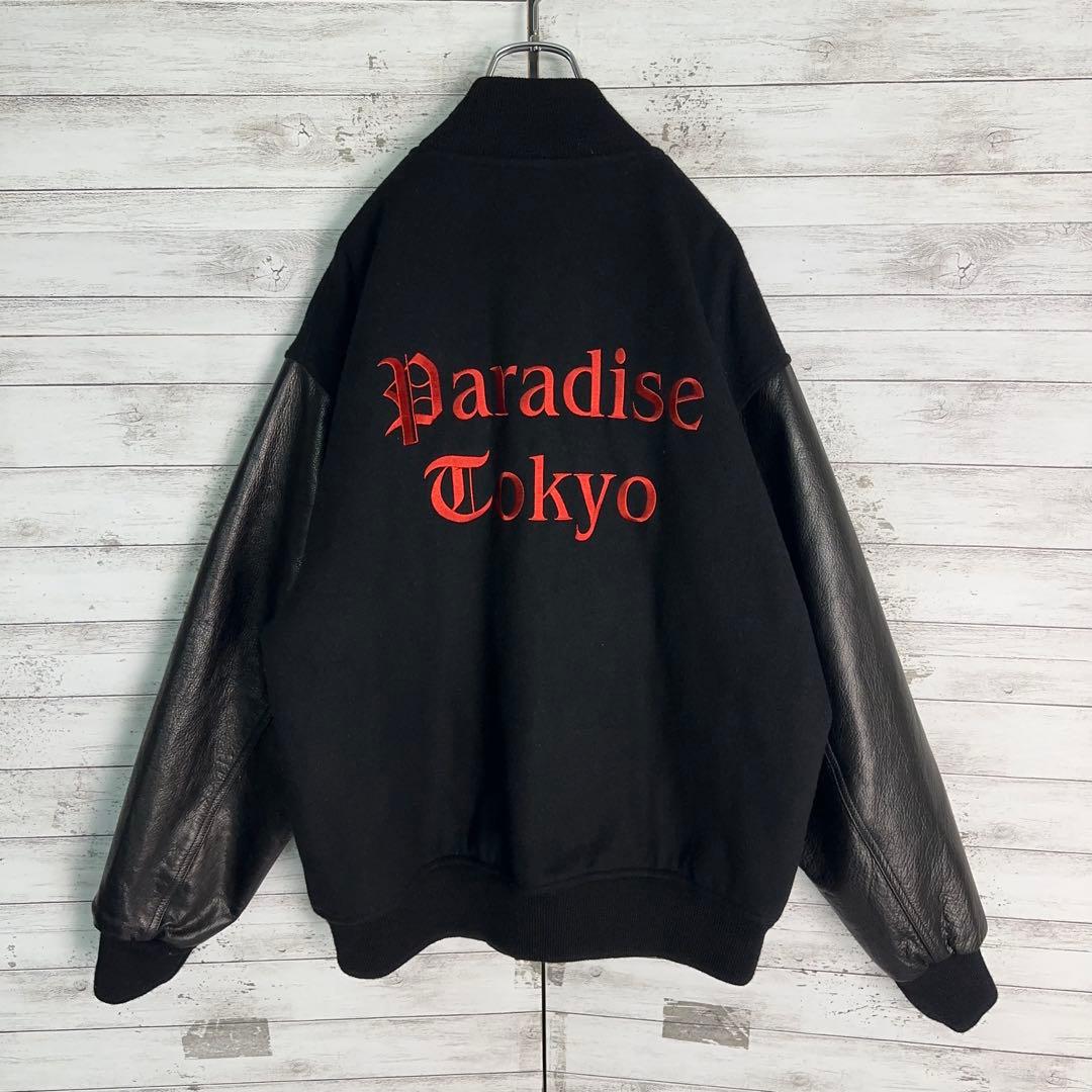 11912【美品・完売モデル】ワコマリア　刺繍ロゴスタジャン　袖レザー　黒