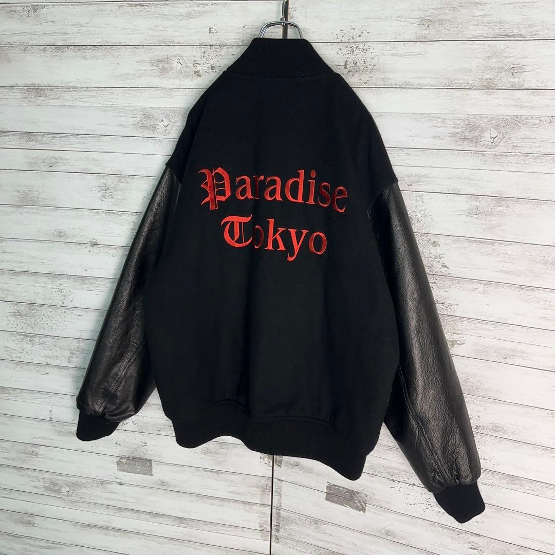 11912【美品・完売モデル】ワコマリア　刺繍ロゴスタジャン　袖レザー　黒