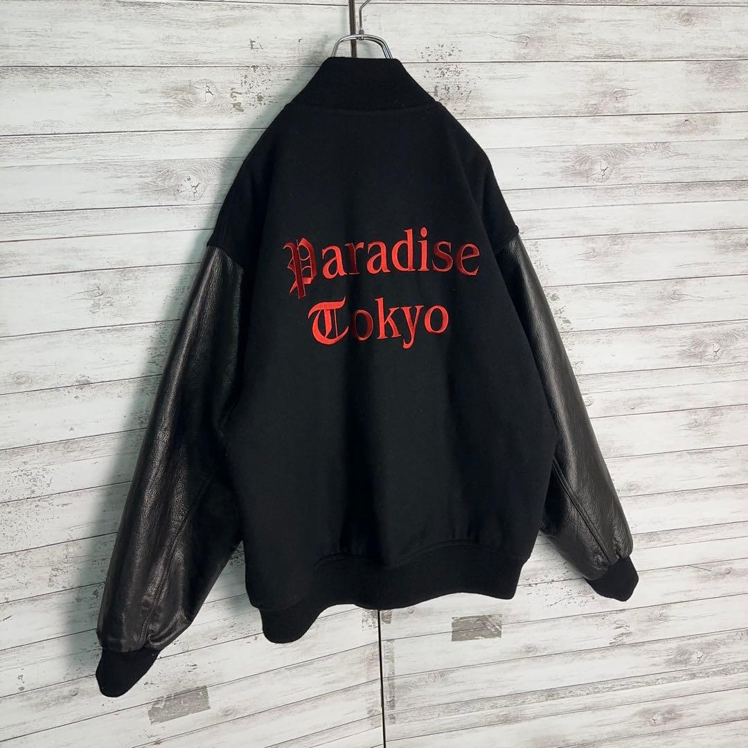 11912【美品・完売モデル】ワコマリア　刺繍ロゴスタジャン　袖レザー　黒