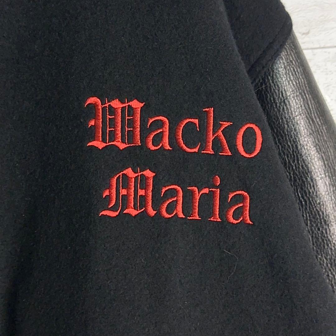11912【美品・完売モデル】ワコマリア　刺繍ロゴスタジャン　袖レザー　黒