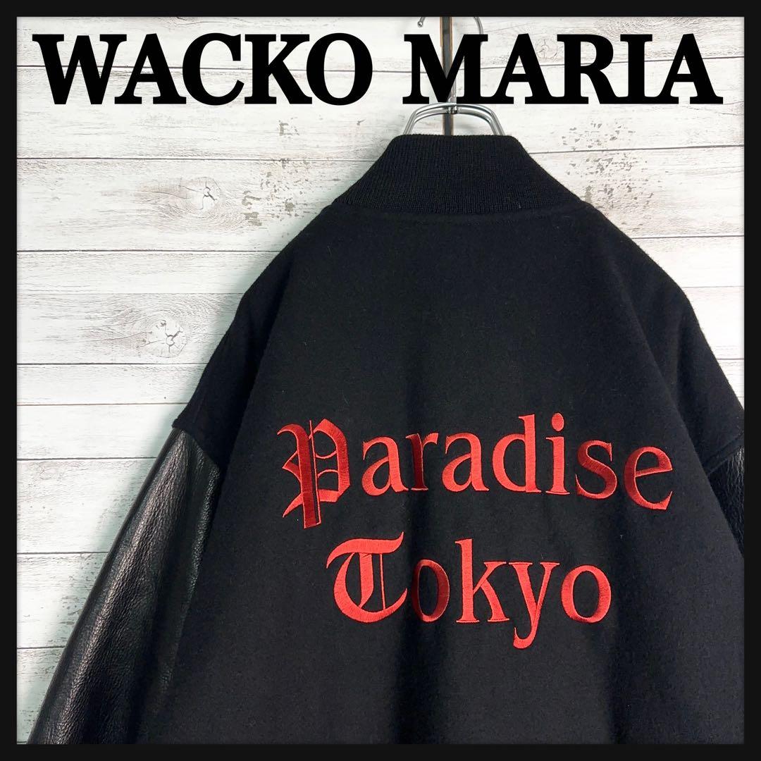 11912【美品・完売モデル】ワコマリア　刺繍ロゴスタジャン　袖レザー　黒