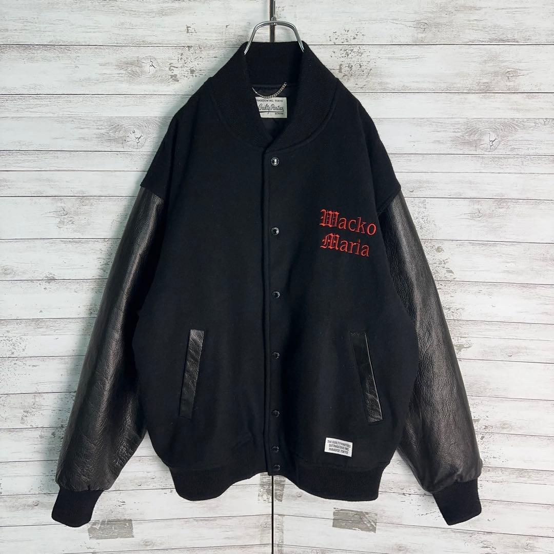 11912【美品・完売モデル】ワコマリア　刺繍ロゴスタジャン　袖レザー　黒