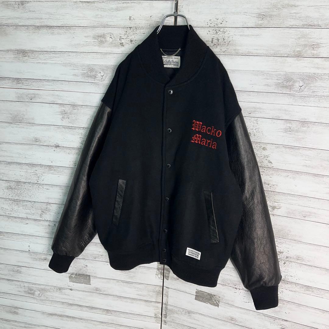 11912【美品・完売モデル】ワコマリア　刺繍ロゴスタジャン　袖レザー　黒