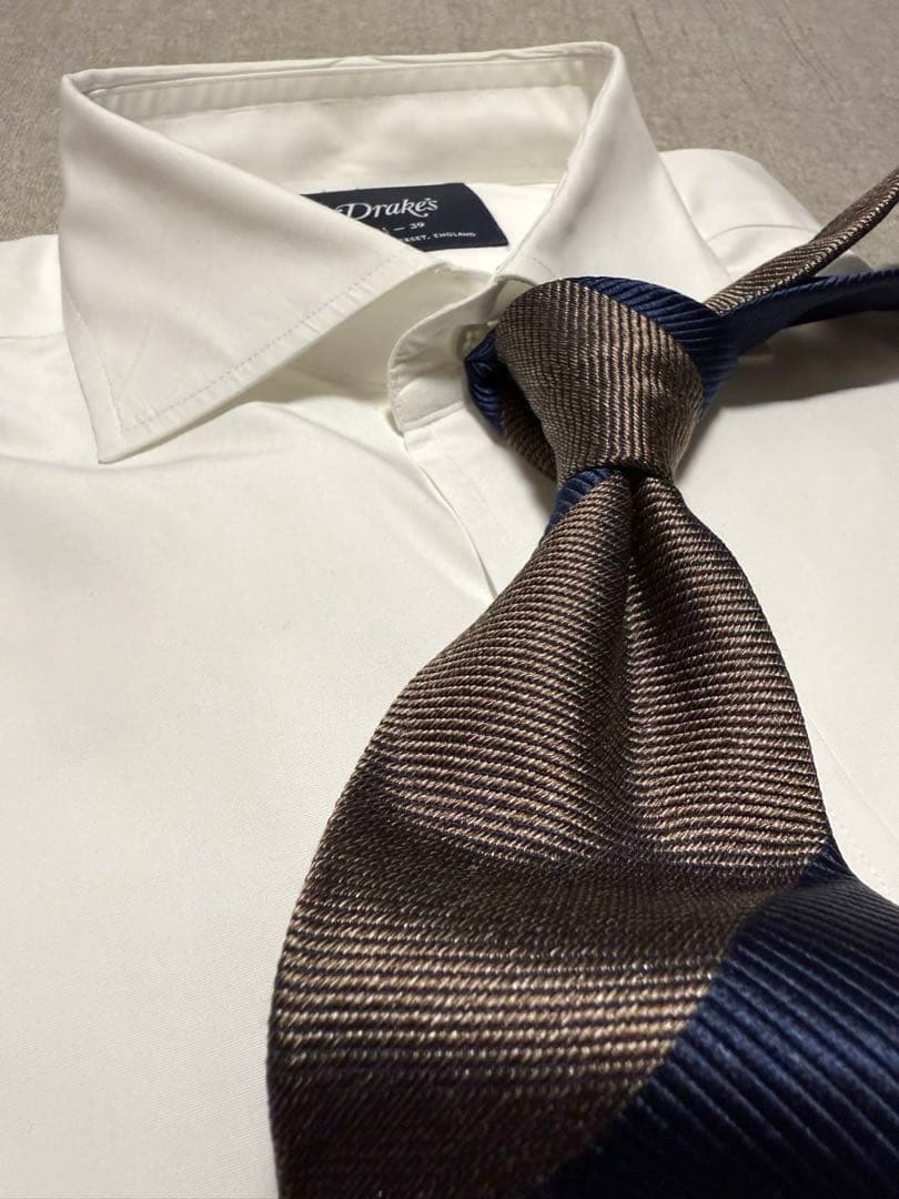 【美品】FRANCO BASSI／ブロックストライプ／ネイビー／ベージュゴールド