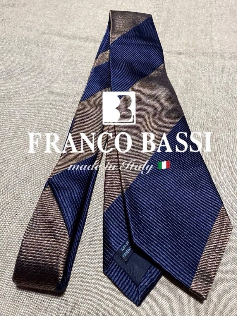 【美品】FRANCO BASSI／ブロックストライプ／ネイビー／ベージュゴールド