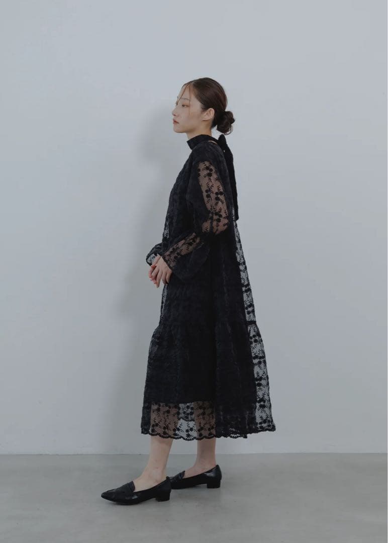 YOURMLE ブラックレースフレアスリーブワンピース