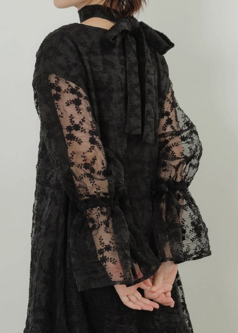 YOURMLE ブラックレースフレアスリーブワンピース