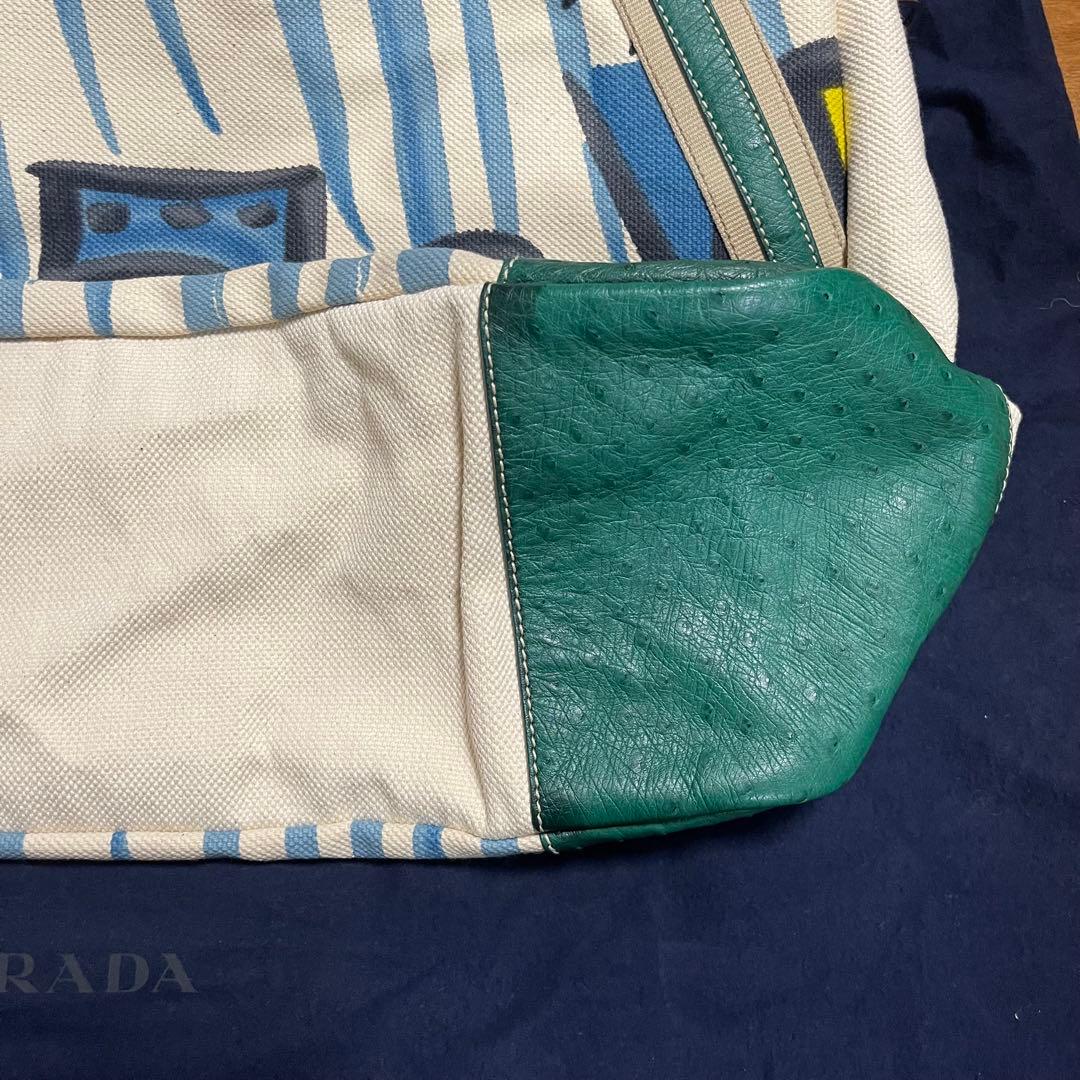【美品】PRADA キャンバス オーストリッチ トートバッグ　汽車