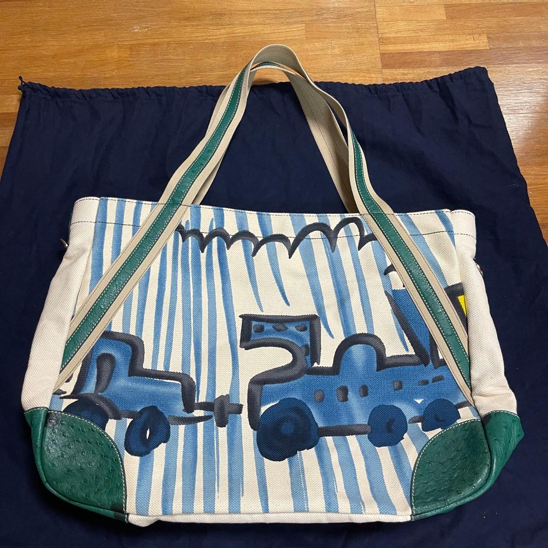 【美品】PRADA キャンバス オーストリッチ トートバッグ　汽車