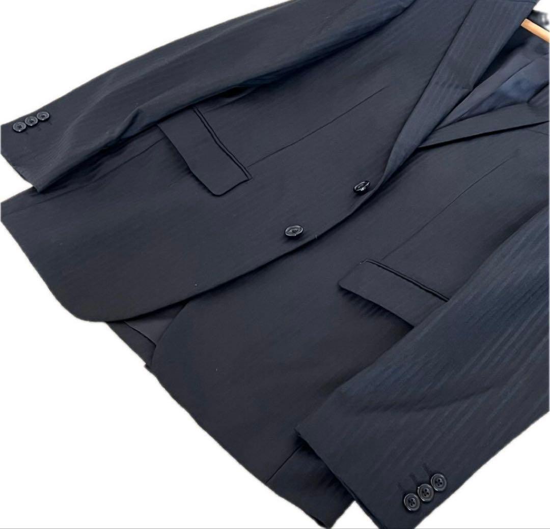 【極美品・現行】タケオキクチ スーツ 黒 L ストライプ シャイニーヘリンボン