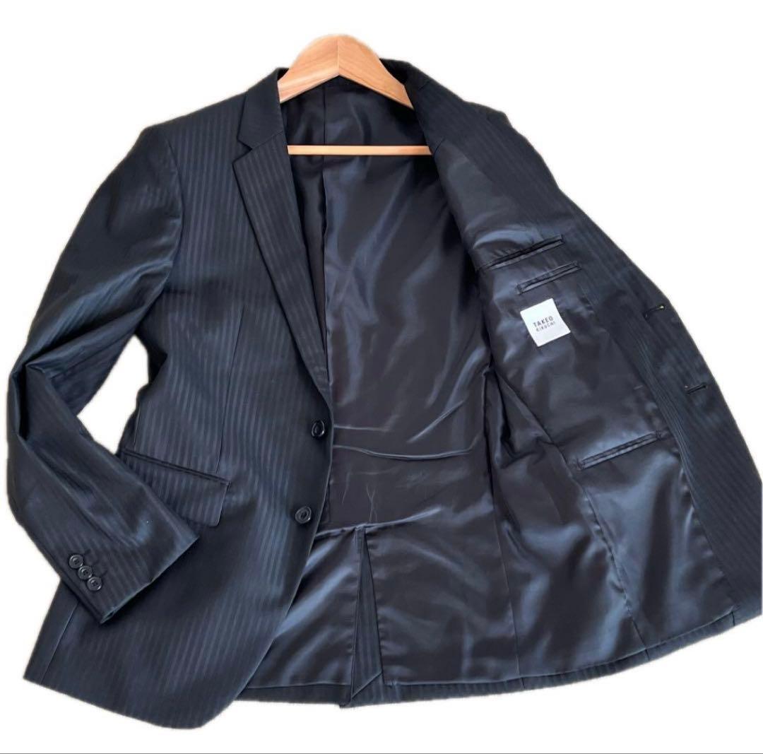 【極美品・現行】タケオキクチ スーツ 黒 L ストライプ シャイニーヘリンボン