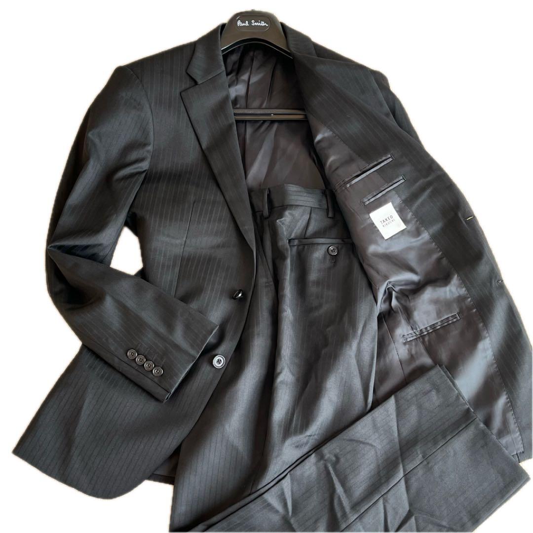 【極美品・現行】タケオキクチ スーツ 黒 L ストライプ シャイニーヘリンボン