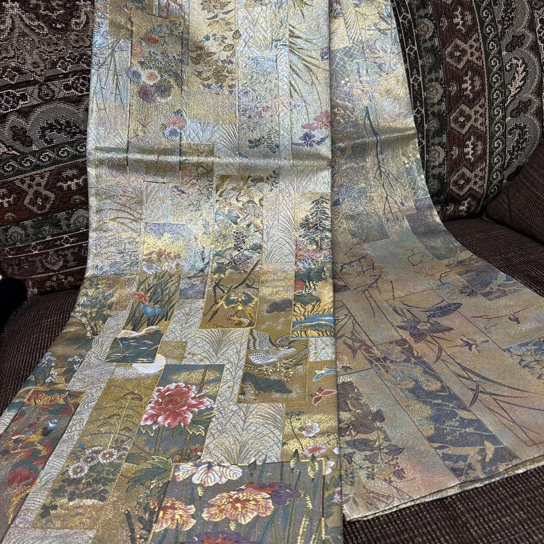 証紙付き！純金平織りプラチナ箔／裏表全通‼️近代花鳥画袋帯♡