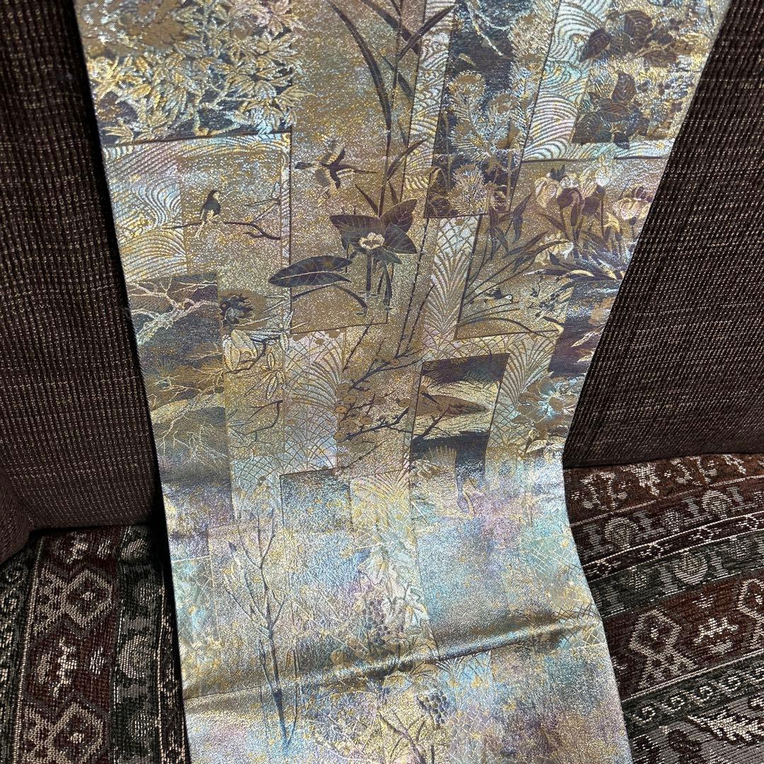 証紙付き！純金平織りプラチナ箔／裏表全通‼️近代花鳥画袋帯♡