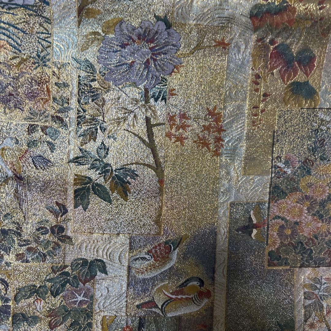 証紙付き！純金平織りプラチナ箔／裏表全通‼️近代花鳥画袋帯♡