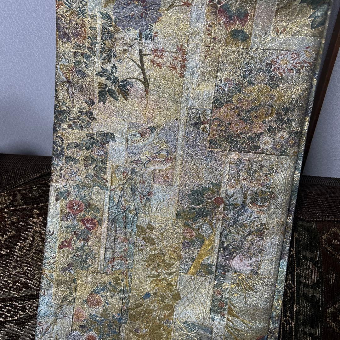 証紙付き！純金平織りプラチナ箔／裏表全通‼️近代花鳥画袋帯♡
