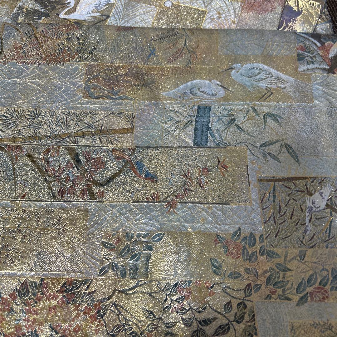 証紙付き！純金平織りプラチナ箔／裏表全通‼️近代花鳥画袋帯♡