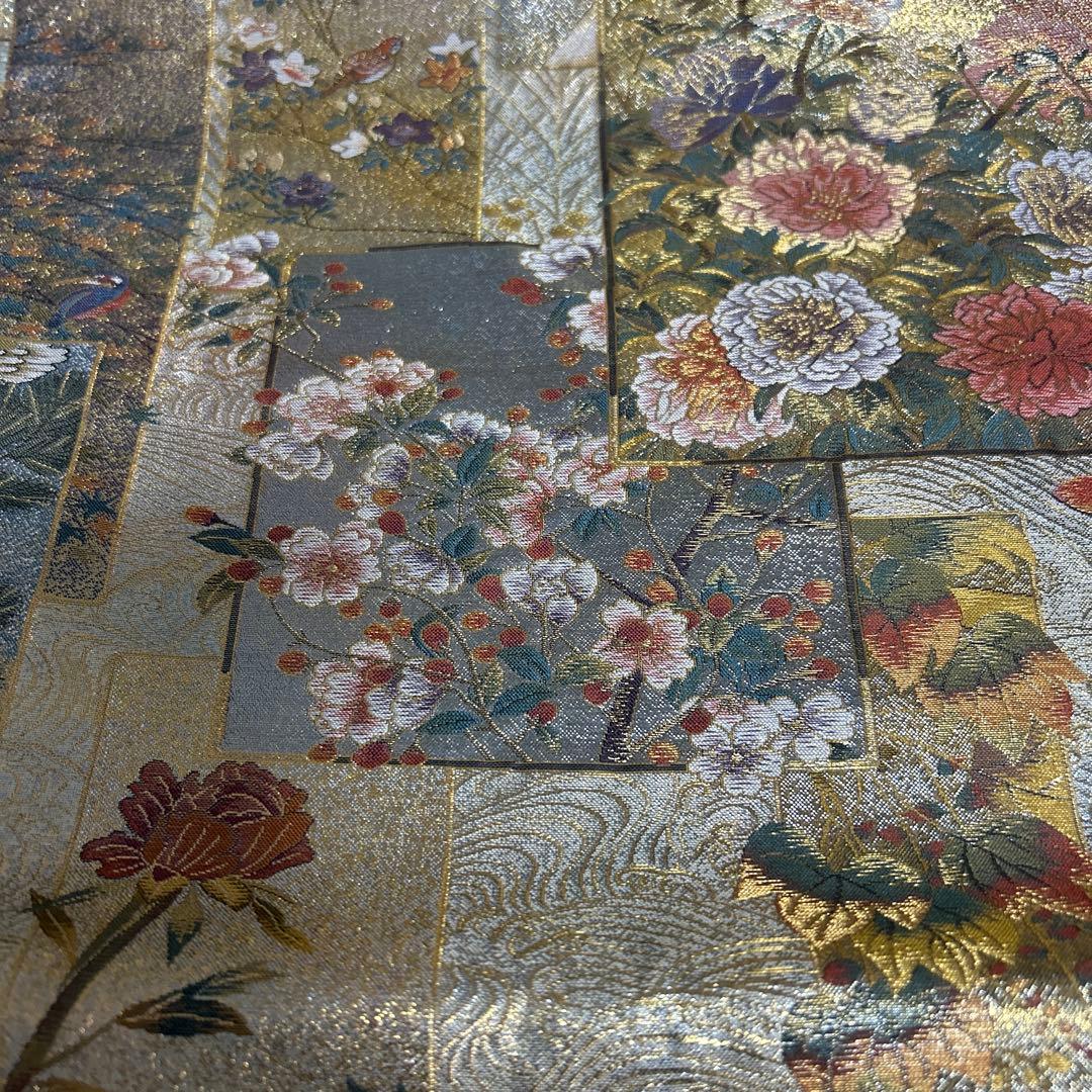 証紙付き！純金平織りプラチナ箔／裏表全通‼️近代花鳥画袋帯♡