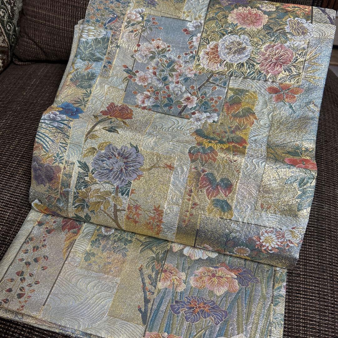 証紙付き！純金平織りプラチナ箔／裏表全通‼️近代花鳥画袋帯♡