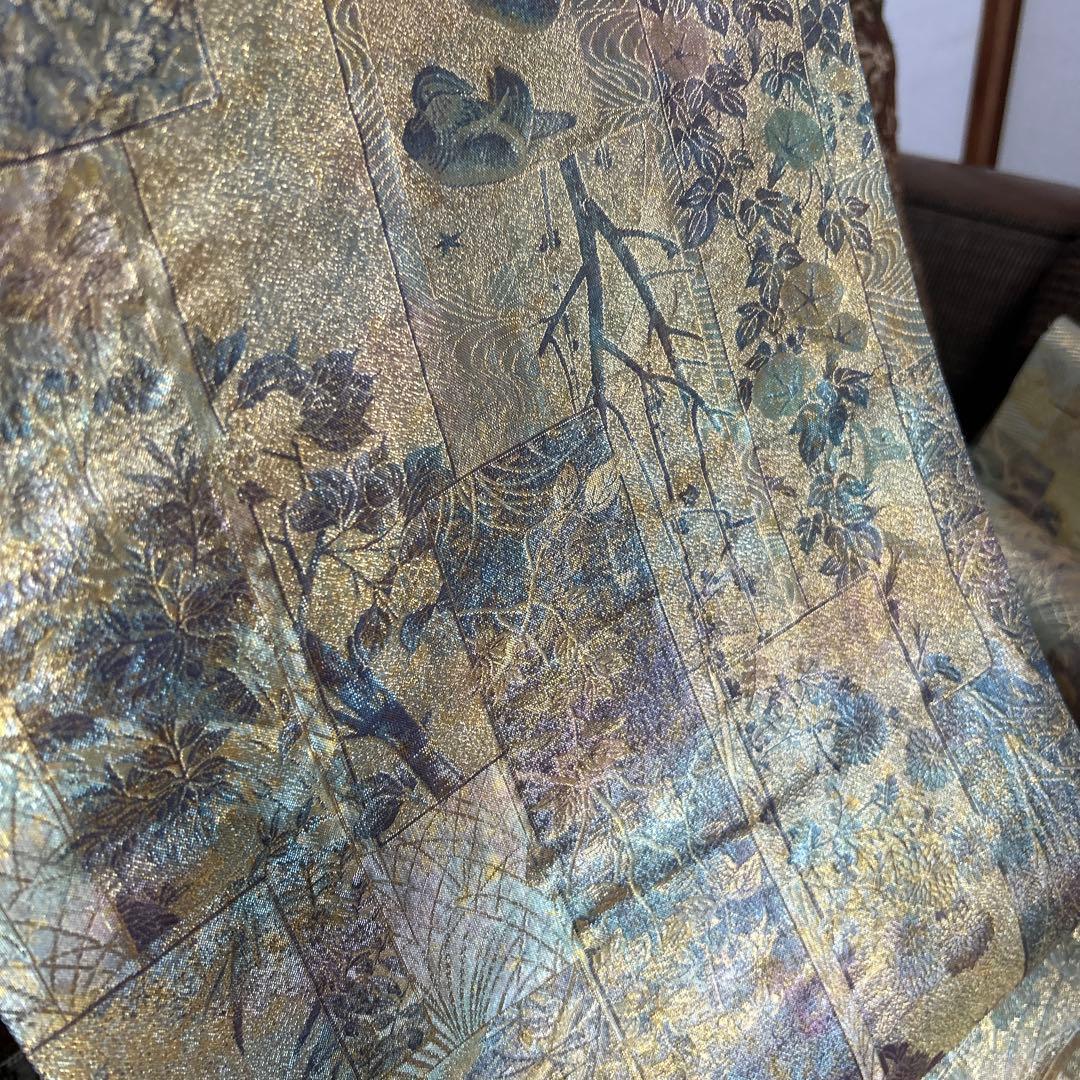 証紙付き！純金平織りプラチナ箔／裏表全通‼️近代花鳥画袋帯♡