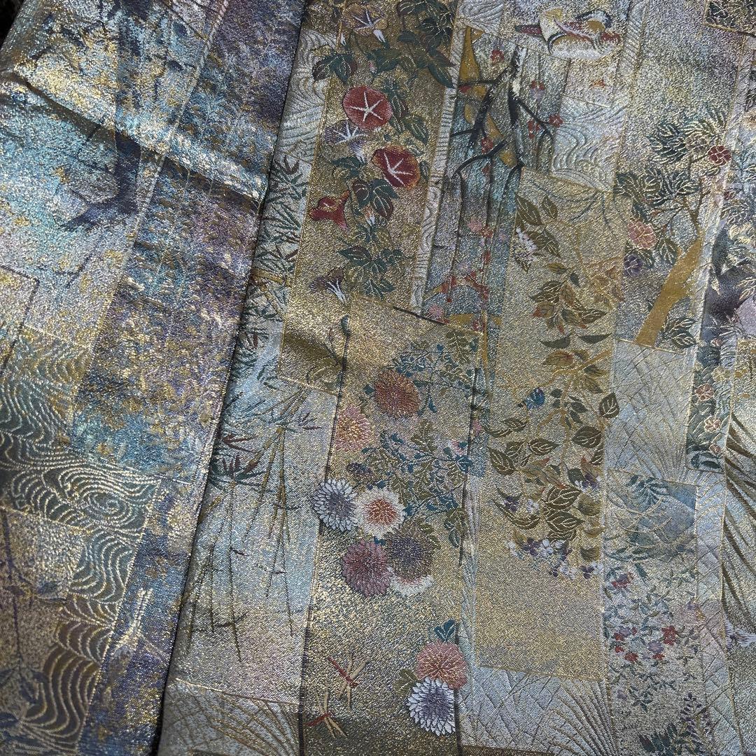 証紙付き！純金平織りプラチナ箔／裏表全通‼️近代花鳥画袋帯♡