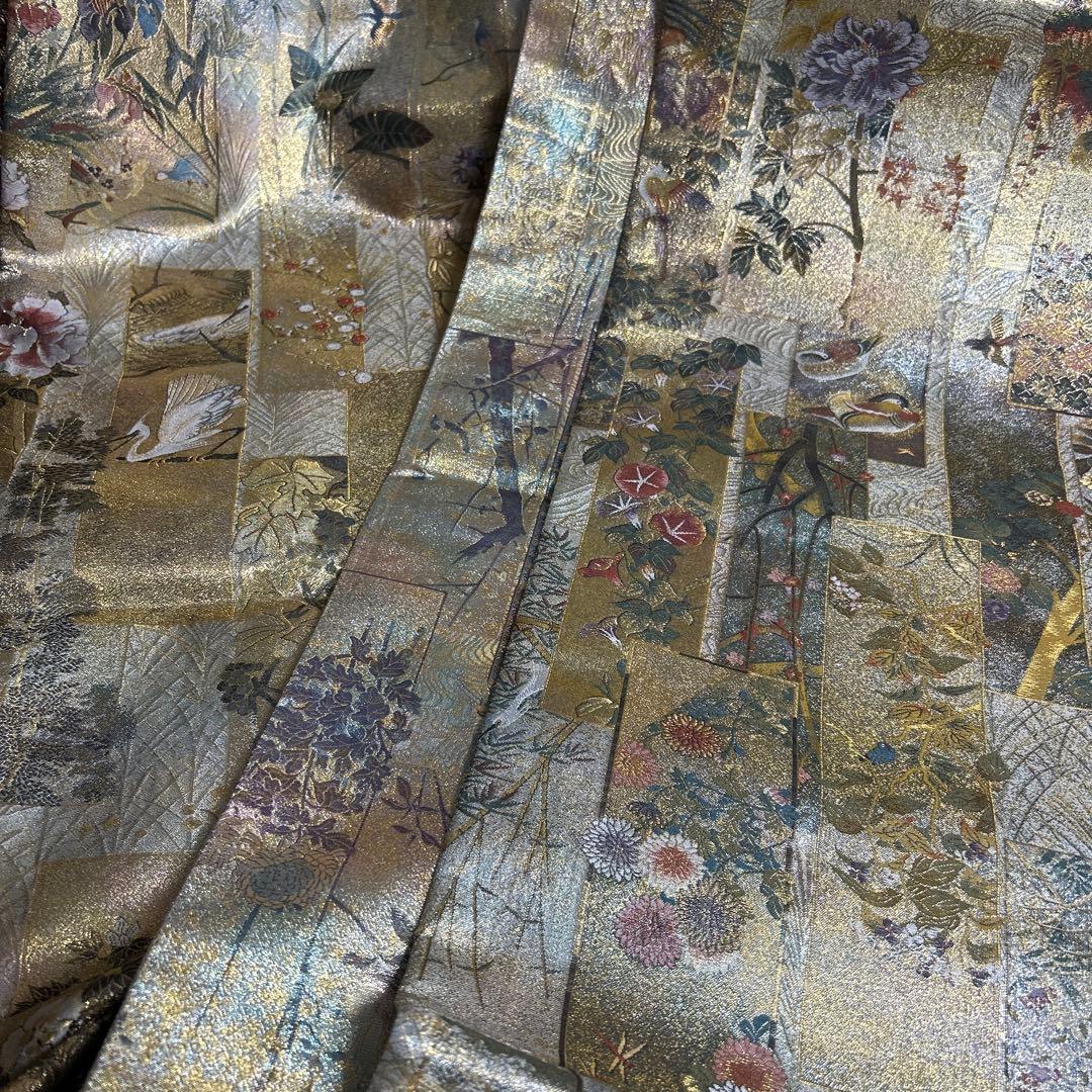証紙付き！純金平織りプラチナ箔／裏表全通‼️近代花鳥画袋帯♡