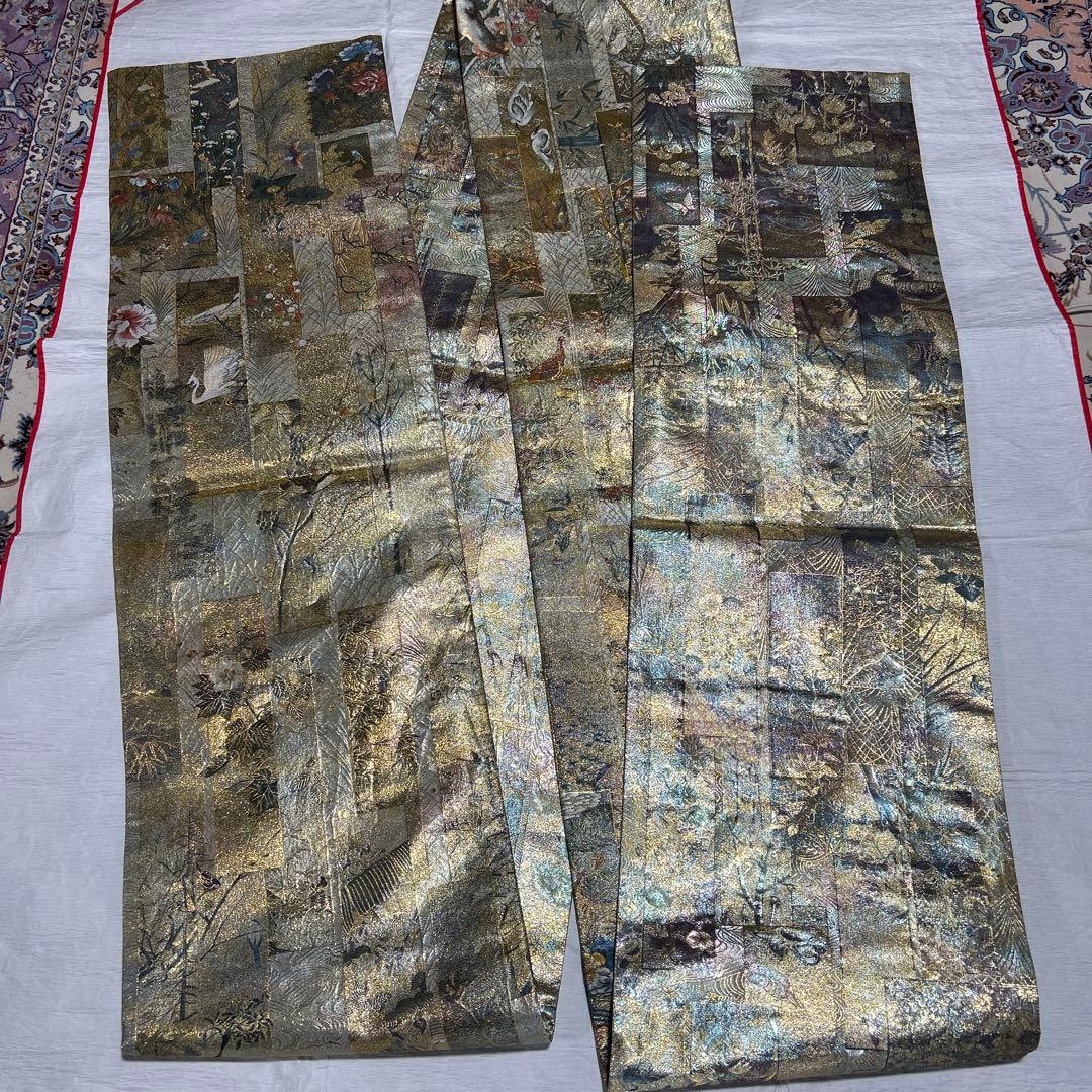 証紙付き！純金平織りプラチナ箔／裏表全通‼️近代花鳥画袋帯♡