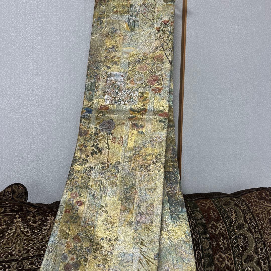 証紙付き！純金平織りプラチナ箔／裏表全通‼️近代花鳥画袋帯♡